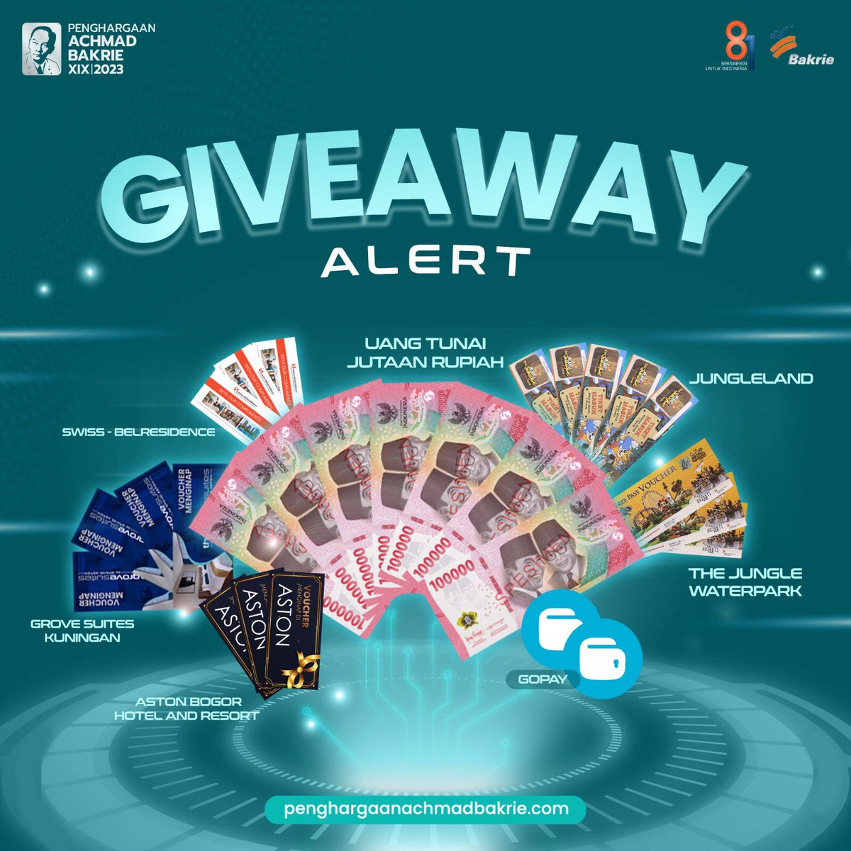 P_AchmadBakrie's tweet photo. GIVEAWAY ALERT π
Siap-siap! Penghargaan Achmad Bakrie mau bagi-bagi voucher dan uang tunai buat kamu! π
Caranya gimana? Pantau terus akun @pab__official ya!
#PABXIX #PenghargaanAchmadBakrieXIX #PenghargaanAchmadBakrie2023 #BersinergiUntukIndonesia #Bakrie81Tahun
#81NEKA https://t.co/5gWwWbk2Z3