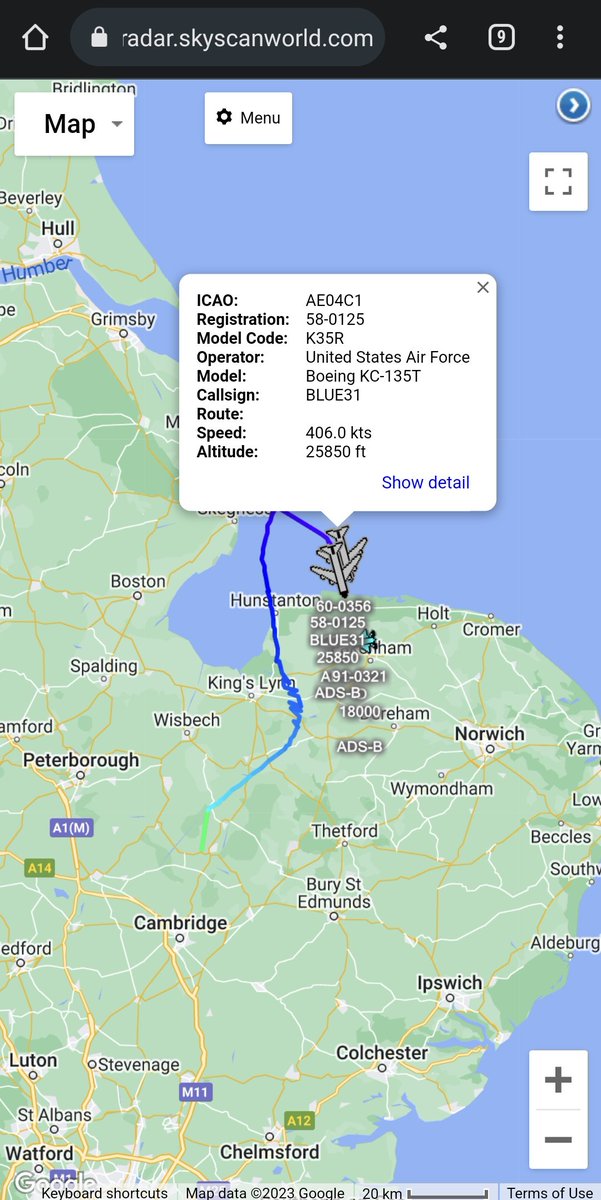 scan_sky's tweet photo. #USAF 🇺🇸 - Boeing KC-135T - 58-0125 - #BLUE31/60-0356 - #BLUE32
Departed From RAF Mildenhall 🇬🇧 🇺🇸 & Linking Up With RAF Lakenheath 🇬🇧 🇺🇸 F-15Es Heading To Robins Air Force Base 🇺🇸 For Reworks. https://t.co/7EflZ0larX