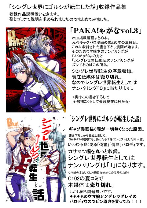 「シングレ世界にゴルシが転生した話」のどれにどれが収録されてるのかとかナンバリングがと夏コミで割と聞かれましたので解りやすく文章でまとめてみました。
今の所、大体こんな感じです。 