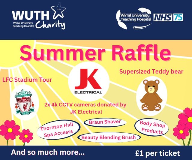 WUTH CHARITY (@wuthcharity) on Twitter photo Summer Raffle tickets now on sale 📷📷
Thank you to all our supporters who have donated a prize, JK Electrical , Liverpool FC, Thornton Hall Hotel & Spa and so much more.
Tickets are available from the Charity Office for £1 each.
Email WUTH.Charity@nhs.net or call 0151 482 7788 Summer Raffle tickets now on sale 📷📷
Thank you to all our supporters who have donated a prize, JK Electrical , Liverpool FC, Thornton Hall Hotel & Spa and so much more.
Tickets are available from the Charity Office for £1 each.
Email WUTH.Charity@nhs.net or call 0151 482 7788