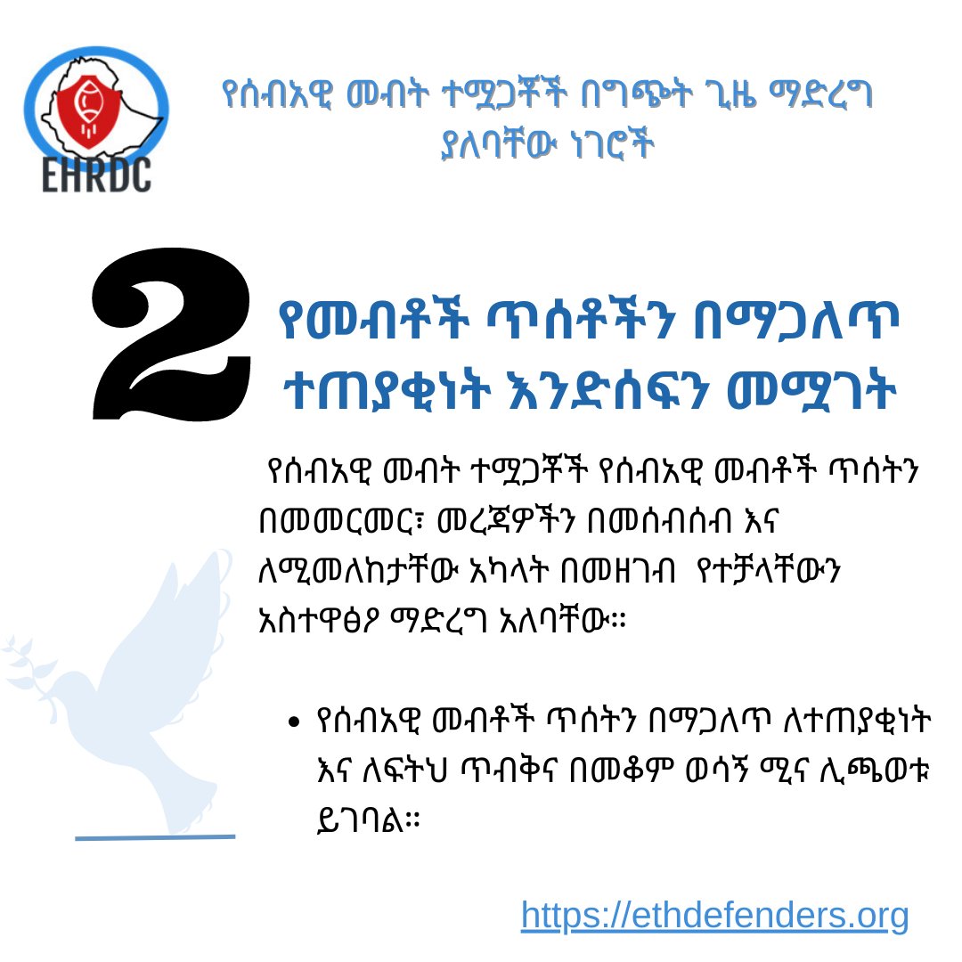 CenterEHRD's tweet photo. የሰብአዊ መብት ተሟጋቾች በግጭት ጊዜ ማድረግ ያለባቸው ነገሮች:
የሰብአዊ መብቶች ጥሰትን በማጋለጥ ለተጠያቂነት እና ለፍትህ ጥብቅና በመቆም ወሳኝ ሚና ሊጫወቱ ይገባል።
#hrdsforpeace
#hrdsforaccountablility
#wedefenddefenders https://t.co/j3hhNZo4XU