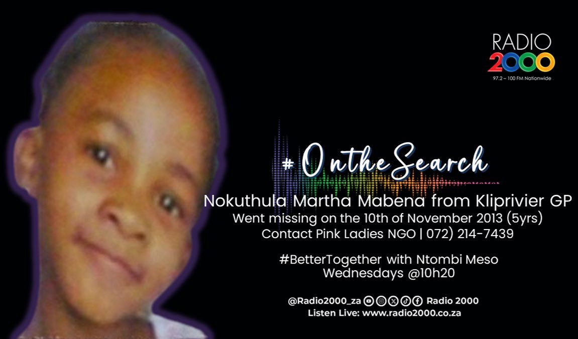 Radio2000_ZA's tweet photo. #OnTheSearch 

Nokuthula Martha Mabena went missing on 10 November in 2013. She was last seen at a church conference wearing a white dress with long sleeves. 

The case was reported at the Kliprivier GP SAPS. 

Please contact @ThePinkLadiesOr on 072 214 7439

#BetterTogether https://t.co/s3eM9YOxjD