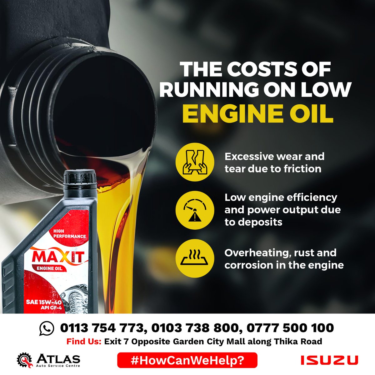 Running on low engine oil is a sure fire way to damage your car. Don't risk it! Get your oil changed today at Atlas Auto Service Centre #howcanwehelp #qualityoil #serviceparts