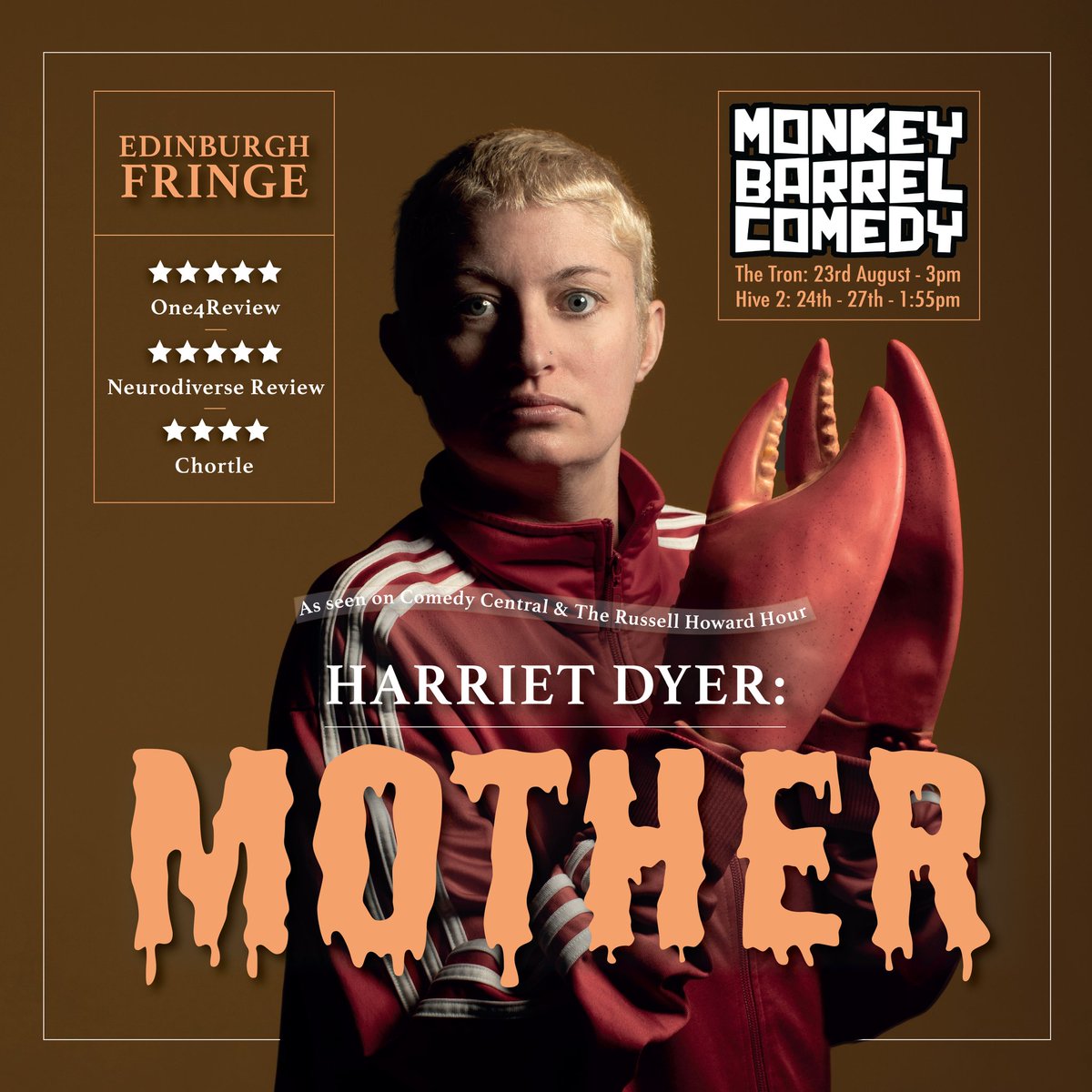 A week today until I bring my new show to @edfringe with @BarrelComedy . It'd make my chuffin' month to have full rooms so do consider coming along yes please? 

tickets.edfringe.com/whats-on#q=Har… 🦞

#edfringe #monkeybarrel #comedy #funny #newshow #mother