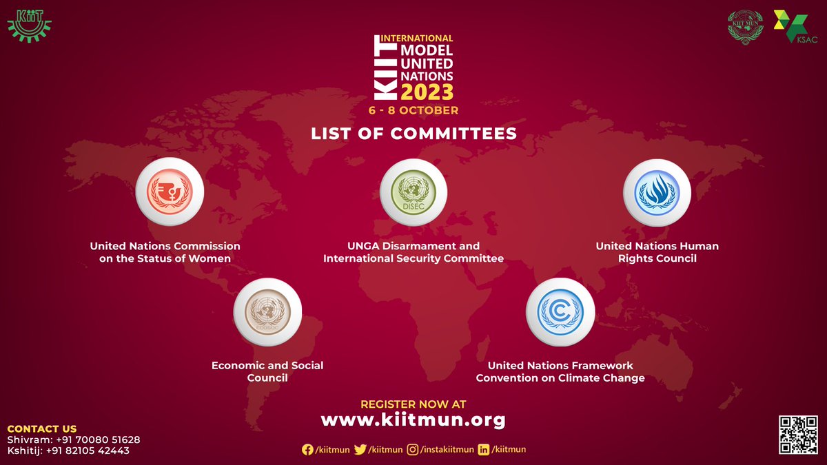 ksacofficial's tweet photo. Announcing the compelling committees for the 11th KIIT International Model UN! Prepare for passionate debates spanning global security, sustainable development, and more. Stay tuned for transformative exchanges shaping the future. #kiitmun #kiitmun2023 https://t.co/h2YQ9FLiXW