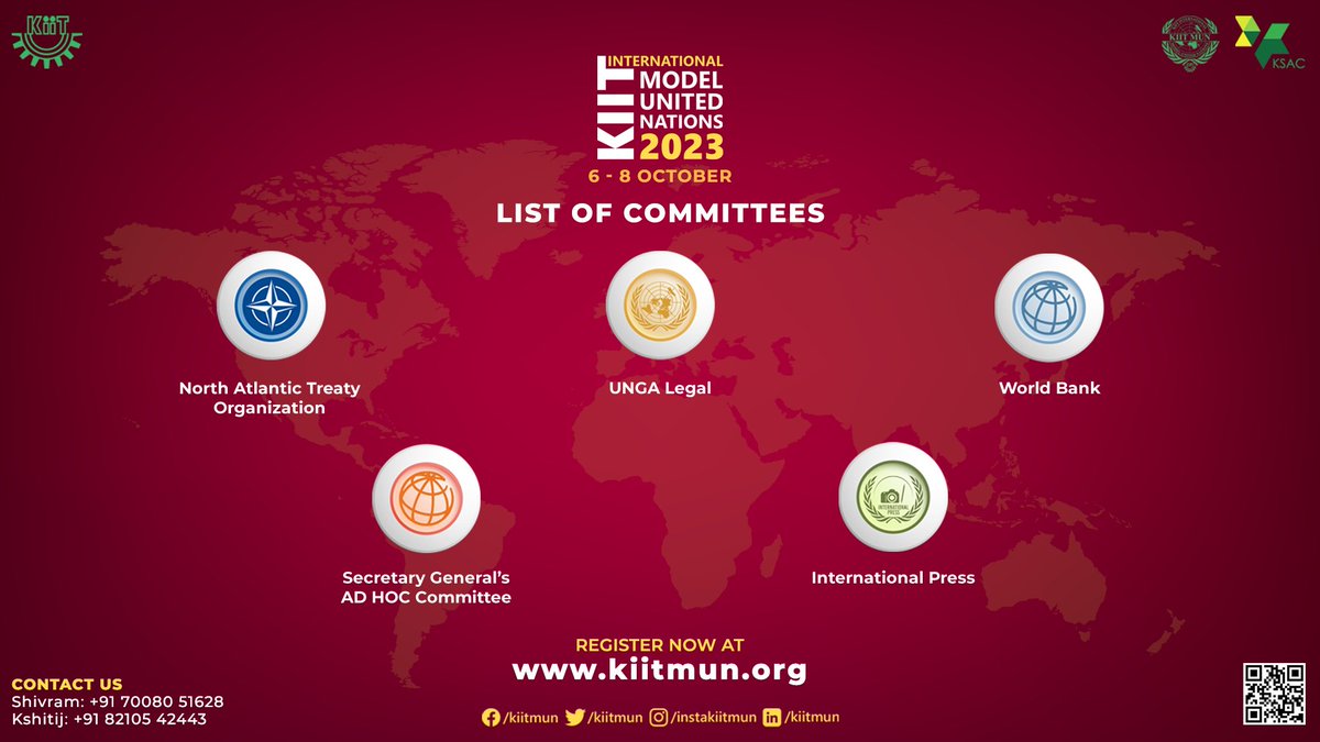ksacofficial's tweet photo. Announcing the compelling committees for the 11th KIIT International Model UN! Prepare for passionate debates spanning global security, sustainable development, and more. Stay tuned for transformative exchanges shaping the future. #kiitmun #kiitmun2023 https://t.co/h2YQ9FLiXW