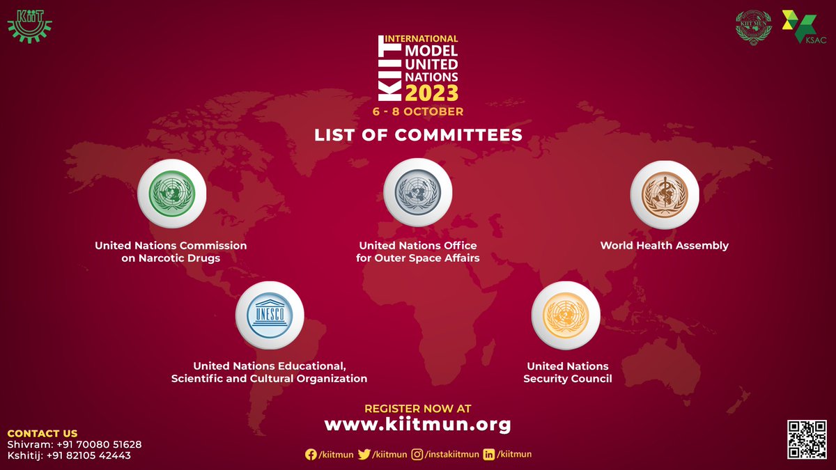 ksacofficial's tweet photo. Announcing the compelling committees for the 11th KIIT International Model UN! Prepare for passionate debates spanning global security, sustainable development, and more. Stay tuned for transformative exchanges shaping the future. #kiitmun #kiitmun2023 https://t.co/h2YQ9FLiXW