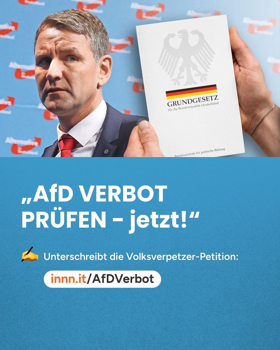 Für unsere Petition, dass die Verfassungstreue der #AfD vom Bundesverfassungsgericht geprüft wird, fehlen nur nicht mehr viele Stimmen, um sie sechsstellig zu machen. Schaffen wir die 100.000 in 48 h? innn.it/afdverbot #Volksverpetzer