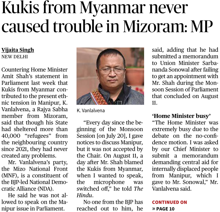 Kuki MP from NDA Alliance got his mic switched off in the Rajya Sabha.

He was voicing his arguments on Manipur issue.

<a href="/AmitShah/">Amit Shah</a> denied <a href="/VanlalvenaK/">K. Vanlalvena MP(Rajya Sabha)</a>, senior leader in Mizo National Front, meeting before the commencement of Monsoon session.

Democracy being stifled by <a href="/BJP4India/">BJP</a>