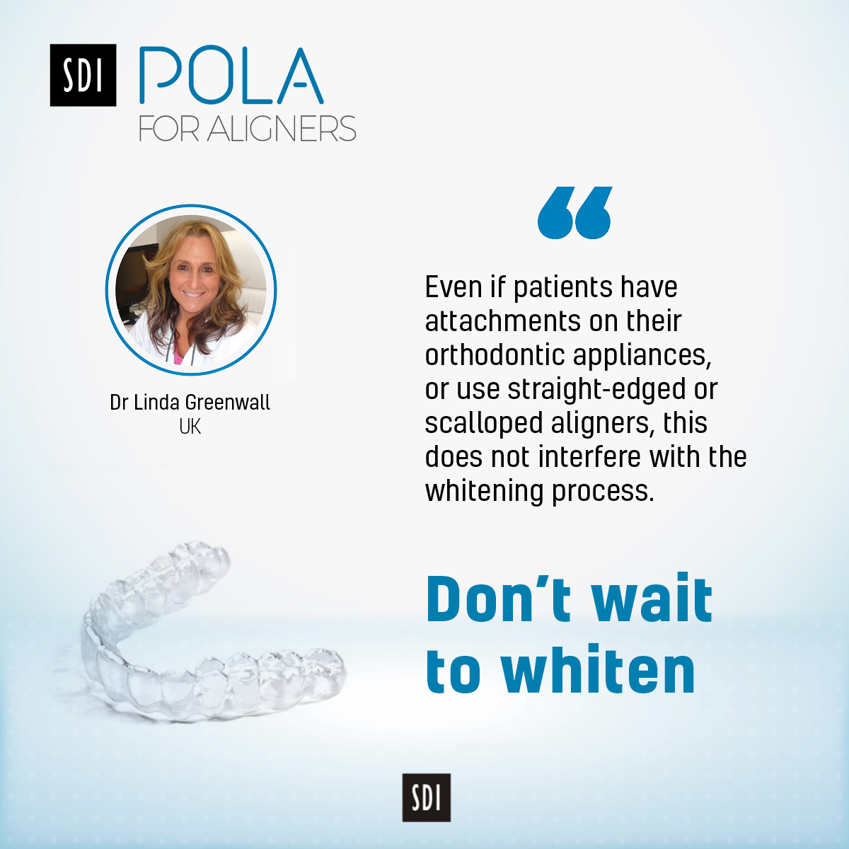 Clear aligner patients don’t need to wait to whiten. 

They can straighten and whiten together with Pola for Aligners. Suitable for any aligner system with no additional wear time it’s the ideal take-home kit for brighter, straighter smiles.

Learn more:
sdipola.co.uk/products/pola-…
