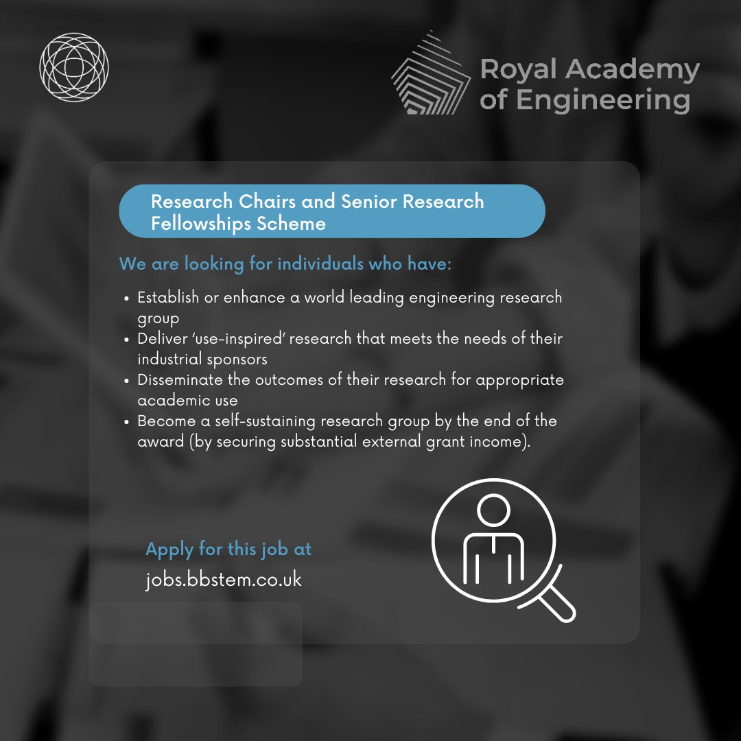 The Royal Academy of Engineering is offering Research Chairs and Senior Research Fellowships to enhance the links between industry and academia. Visit our website for more details and start your application today! jobs.bbstem.co.uk/job/research-c…
