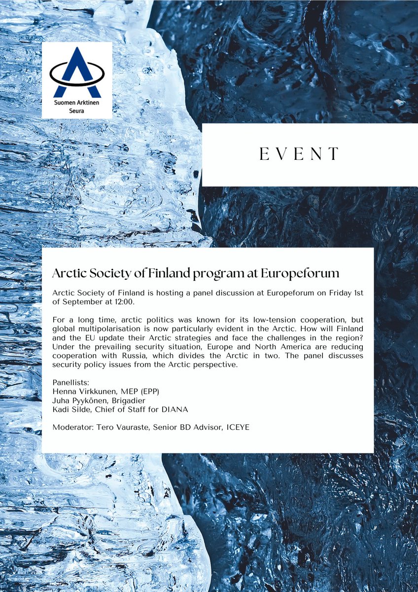 Suomen Arktinen Seura - Arctic Society of Finland (@arktinenseura) on Twitter photo Upcoming event: Finnish Arctic Society panel discussion at <a href="/Eurooppafoorumi/">Eurooppa-foorumi</a> on Friday 1.9.23 at 12:00. Follow the program in person or online. More info: europeforum.fi/en/europe-foru… Upcoming event: Finnish Arctic Society panel discussion at <a href="/Eurooppafoorumi/">Eurooppa-foorumi</a> on Friday 1.9.23 at 12:00. Follow the program in person or online. More info: europeforum.fi/en/europe-foru…