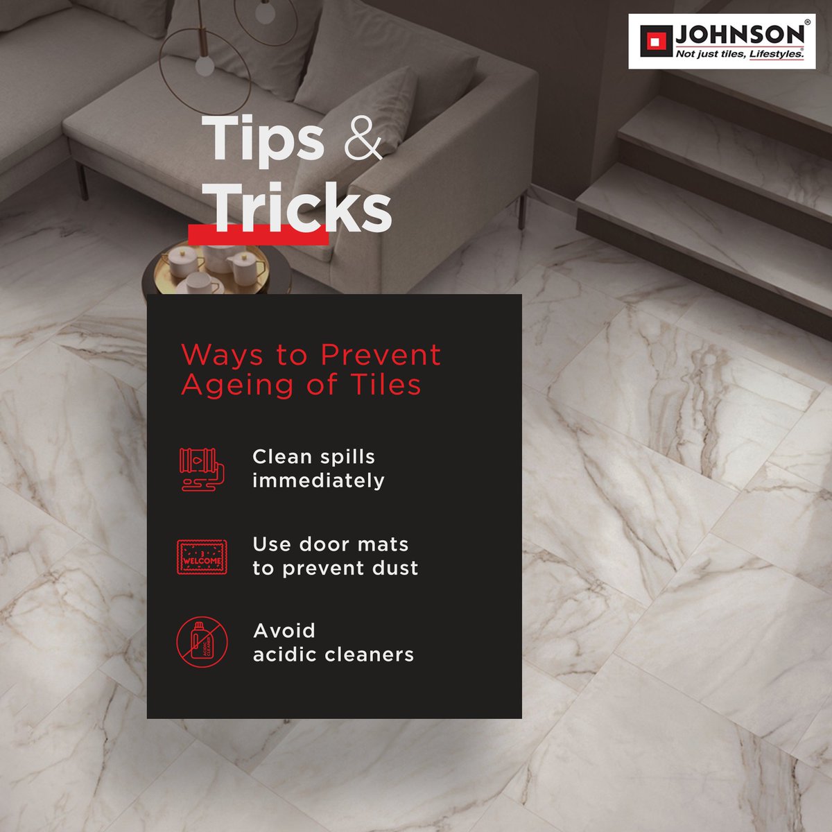 HRJohnsonIndia's tweet image. Use these tips to retain the freshness of your tiles. 🤩
For more tips and information, refer Johnson Tile Guide: bit.ly/44C5CVO

#HRJohnsonIndia #HappilyInnovating #TileGuide #TilingSolution #Tiles #TileExpert #Architecture
