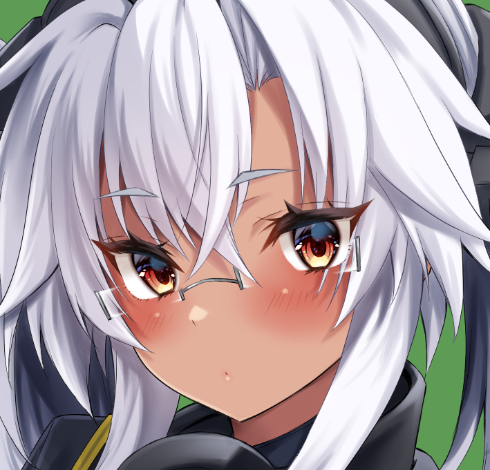 musashi (kancolle) ,musashi kai ni (kancolle) 1girl solo dark-skinned female dark skin glasses green background hair between eyes  illustration images