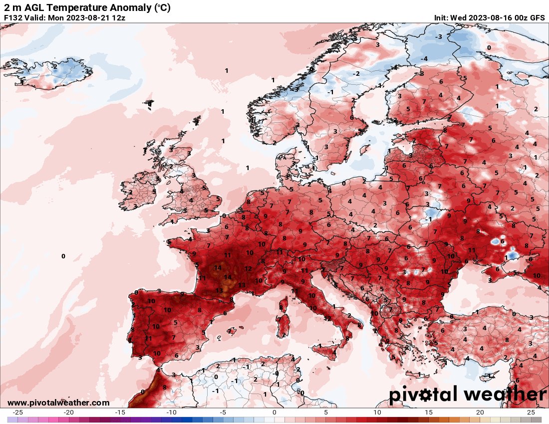 SeguimlaMeteo's tweet photo. Fa tota la pinta que la calor de ple estiu i del tot canicular no tan sols no afluixarà, sinó que s'intensificarà entre diumenge, dilluns i dimarts. El mapa d'anomalia de la temperatura per DILLUNS parla per si sol... gairebé tot el continent amb valors per sobre dels habituals. https://t.co/UCGcBwuLr0