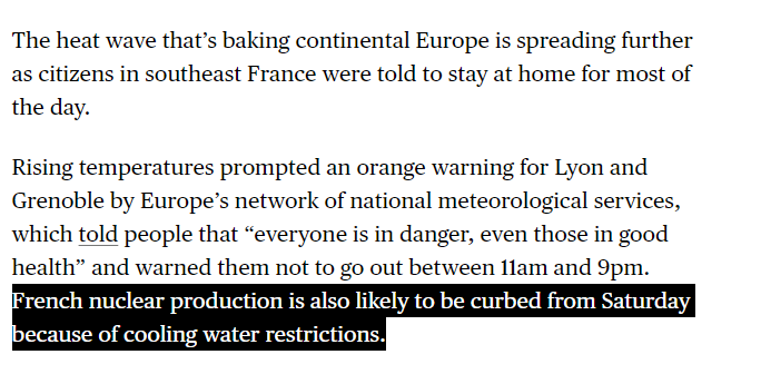 TheStalwart's tweet photo. Heat wave in France is so bad, people are being told not to go outside between 11 AM and 9 PM. And also the heat is curtailing nuclear production, due to its effect on the cooling water https://t.co/KJ0AgEbg5Y https://t.co/bvWuJCkDj2