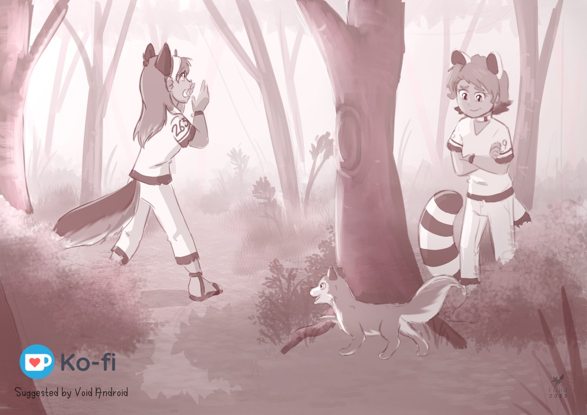 The last Ko-fi sketch I owe for July! Seems Millie found a wolf cub to play with who doesn't quite get the idea of hiding :P
Suggested by Void Android