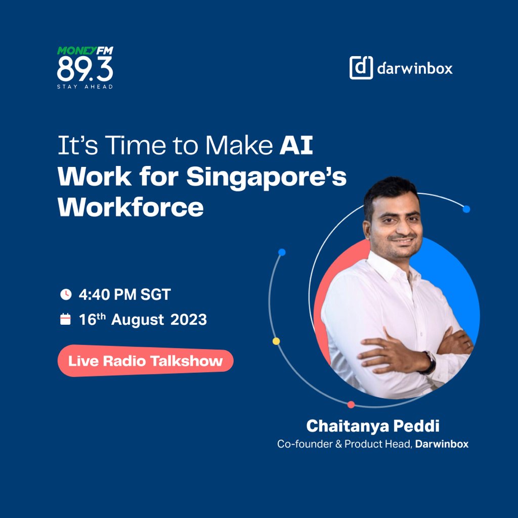 🎙️Tune into our #LiveRadio talkshow with Singapore MONEY FM 89.3 where Chaitanya Peddi, Co-Founder and Product Head, Darwinbox, will discuss the impact of #ArtificialIntelligence in HR and how to make it work for Singapore's market. #ListenNow hubs.ly/Q01_7XM_0 #AIinHR