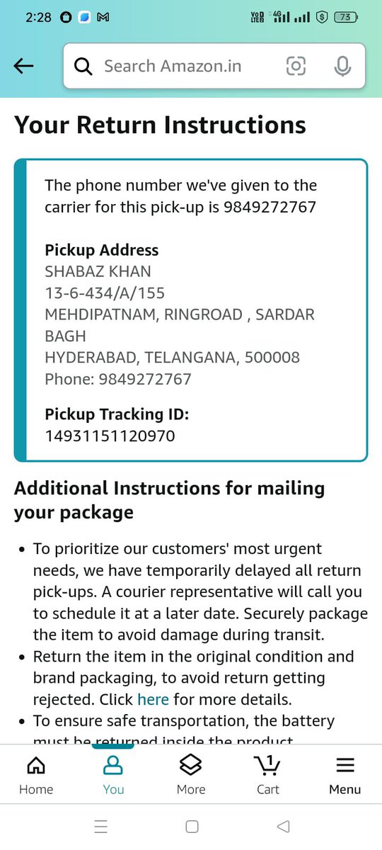 greetings team
order still not picked up still waiting for the response we need to wait how long 8 days over return <a href="/amazonIN/">Amazon India</a> wh n it will resolve cont shabaz 9849272767