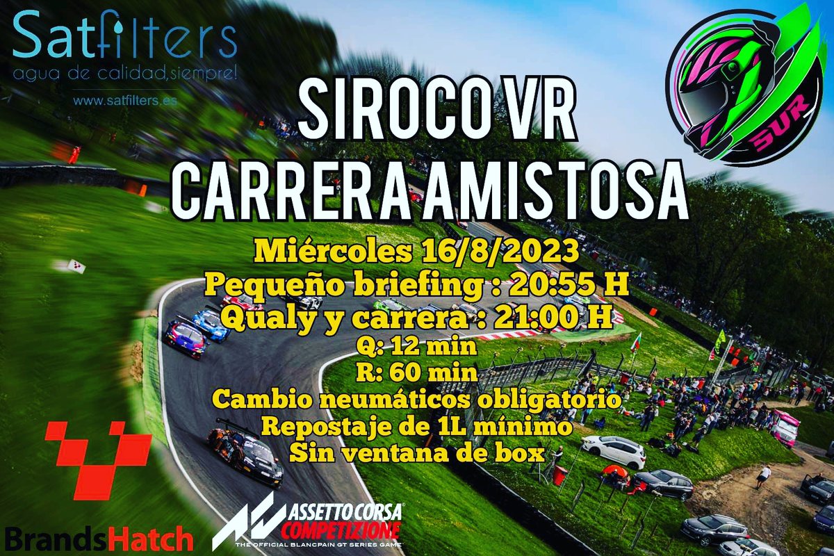 🏁 ¡Llegó el día de la pachanga! 🎮💨 Nos dirigimos a Brands Hatch y estamos listos para la acción. Esta noche a las 20:55 comenzamos. No te pierdas la emoción en pista. Como siempre, la retransmisión estará a cargo del canal de Lionking84. 🚀🏎️ ¡Prepárate para la adrenalina! 🔥