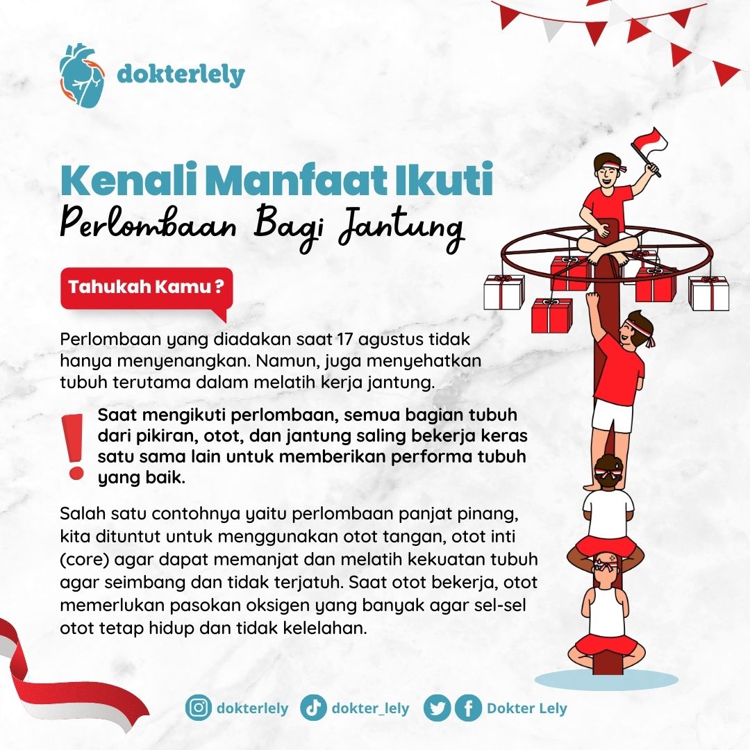 DokterLely's tweet image. Sudah berapa lomba yang diikuti nih dalam perayaan Kemerdekaan Indonesia?
Eits.. Tahukah kamu? ternyata mengikuti perlombaan memiliki manfaat bagi jantung kita lho..

#dokterlely #informasikesehatanjantung #perlombaan #manfaatbagijantung #lombaagustusan #hutri78