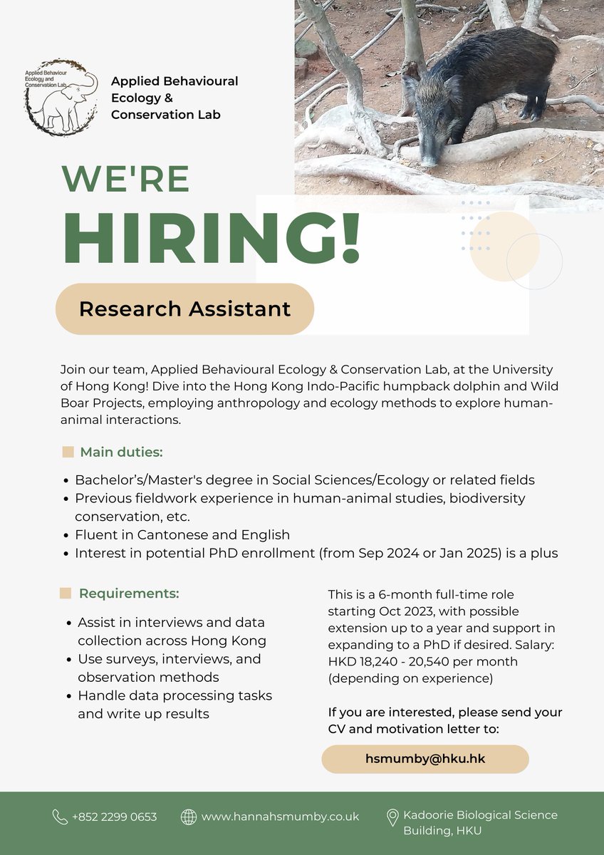 AppliedEcoLab's tweet image. Open position: Research Assistant II - HK Dolphin and Wild Boar Projects

Join our team at HKU! Dive into the Hong Kong Indo-Pacific humpback dolphin and Wild Boar Projects, employing anthropology and ecology methods to explore human-animal interactions.