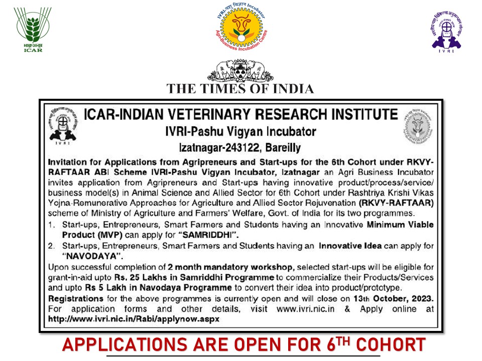 IvriRabi's tweet photo. Applications are open for the 6th Cohort “Navodaya” &amp; “Samridhi” of the RKVY-RAFTAAR ABI Scheme.

The last date is 13th October 2023.

To know more visit: https://t.co/EJB1NsJrr0
Or apply directly at the application form here: https://t.co/AAQyUsKInp https://t.co/s23Xq4N9rr
