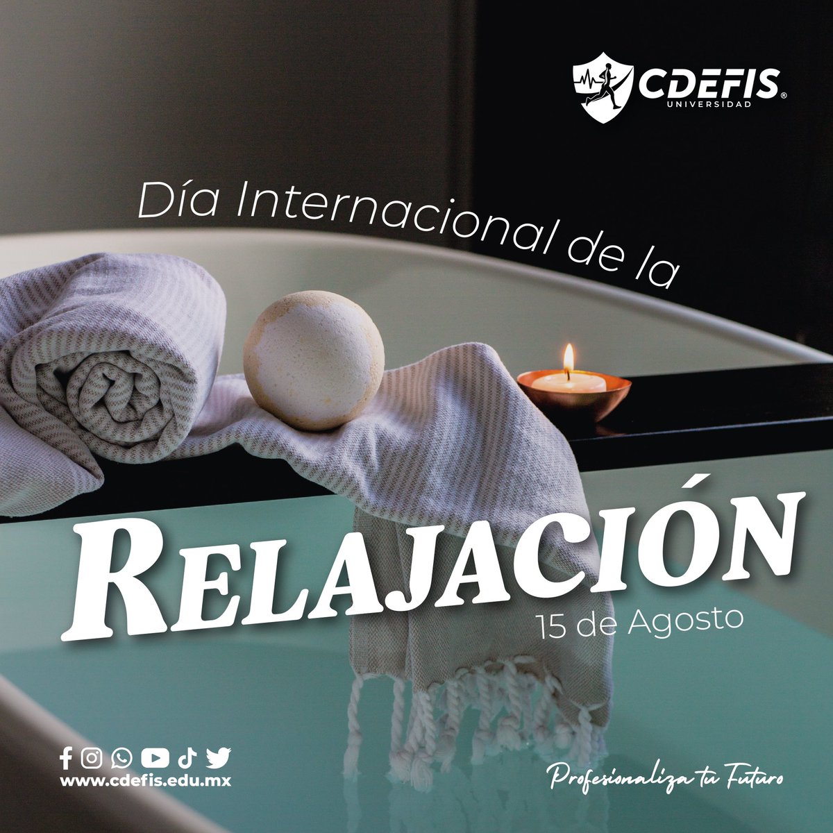 UniCDEFIS's tweet photo. ☯️ 15 de agosto ☯️

¡Prepárate y recarga tus energías en el Día de la Relajación! 🤍🌼 Disfruta de un día dedicado completamente a ti💆🏻‍♀️💆🏽‍♂️

 #DíaDeLaRelajación #BienestarTotal #cuidadeti #universidadcdefis #launiversidaddeldeporte #profesionalizatufuturo https://t.co/utGjIre3Lo