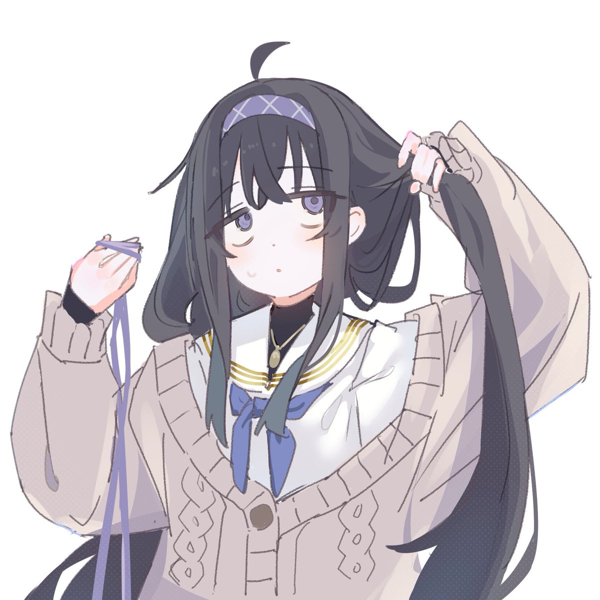 ui (blue archive) 1girl solo black hair long hair hairband white background simple background  illustration images