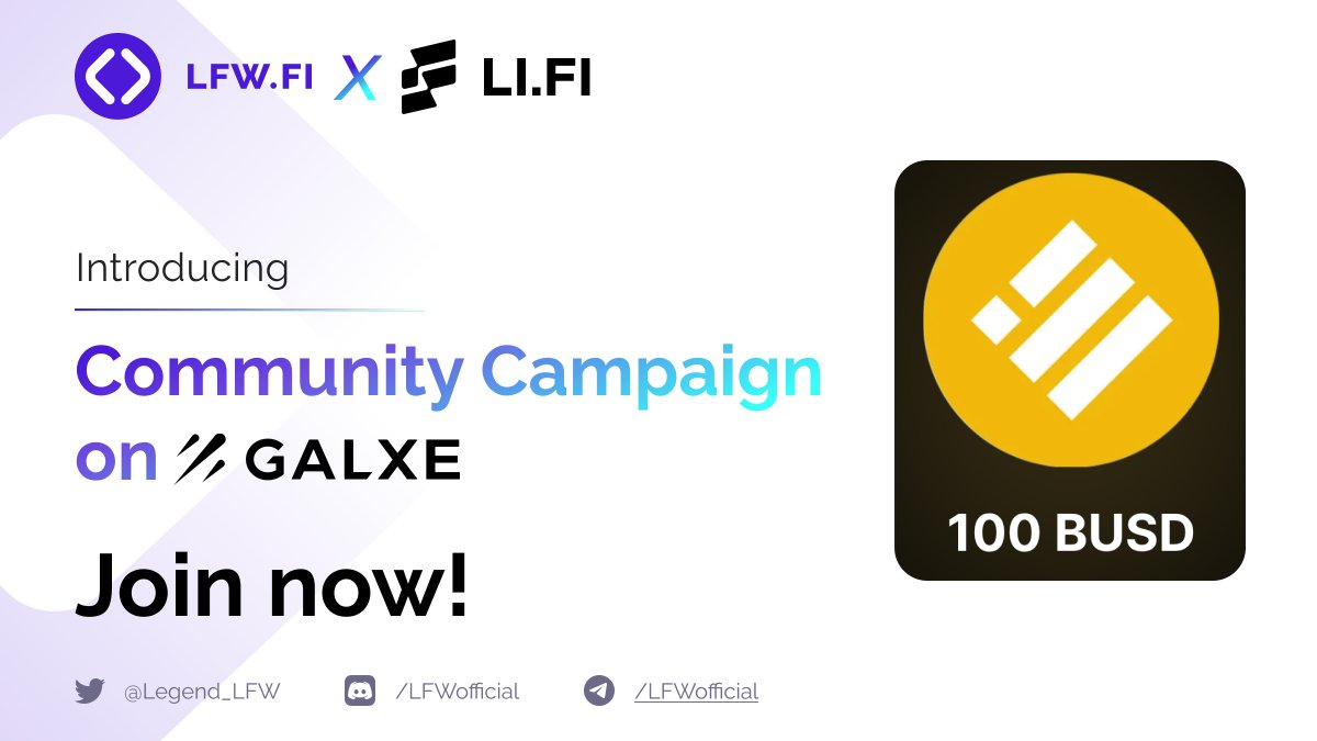 📢 LFW.FI &amp; <a href="/lifiprotocol/">LI.FI</a>  together hold a special event for the community at <a href="/Galxe/">Galxe</a>

🚀Experience the brand-new Cross-chain DEX aggregator solution at lfw.fi.

#Galxe campaign: galxe.com/LIFI/campaign/…

#LFW $LFW #Airdrop