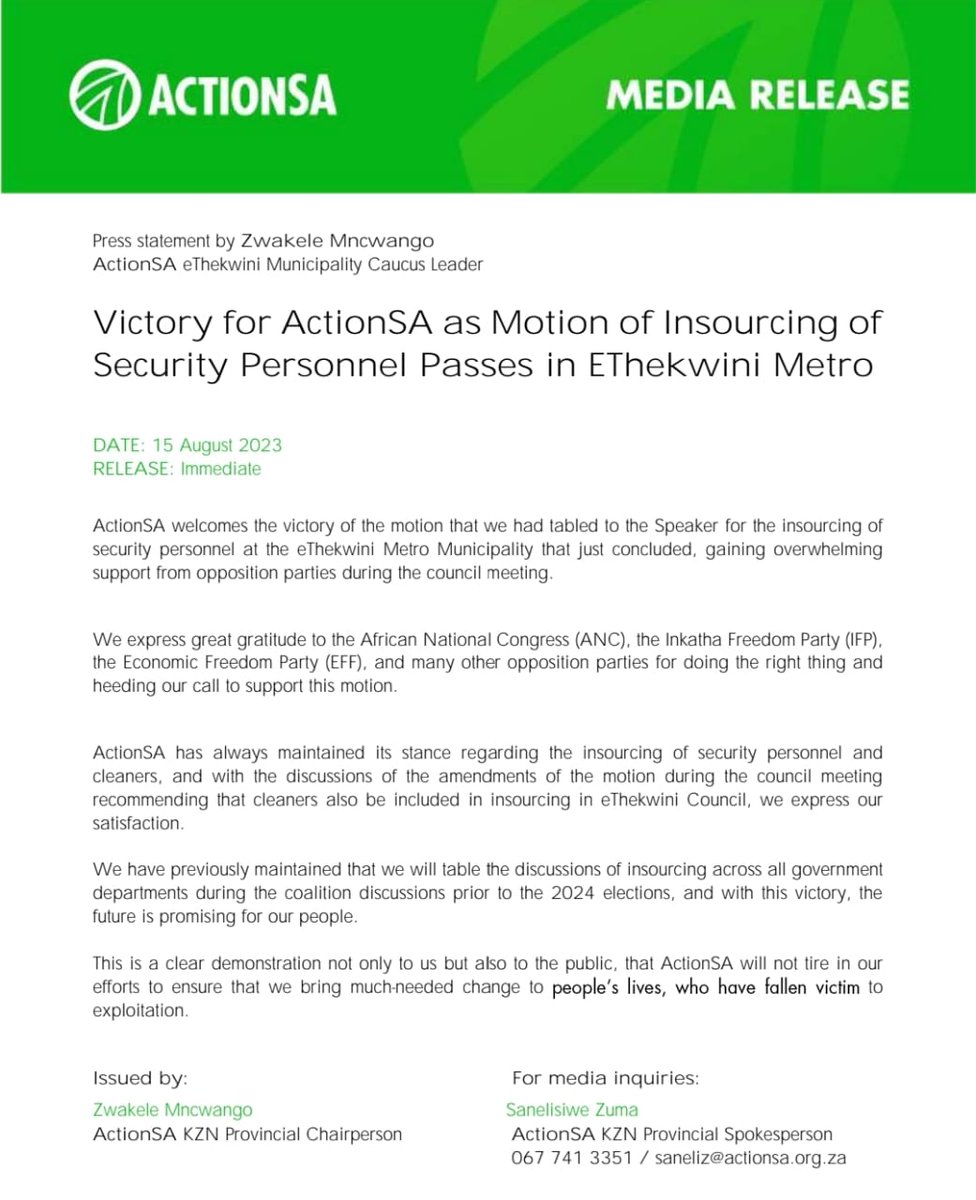 NxumaloZwe's tweet photo. Well done ActionSA KZN and all the parties who voted to support our motion. This is a victory for the citizens of eThekwini and a clear indication of what an ActionSA govt would achieve. 🇿🇦💚🥳

@Zwakelem @HermanMashaba @MarciaBarron777  @__Tshireletso_ @ME_Beaumont @HluphiGafane https://t.co/K3gu6sZYgo
