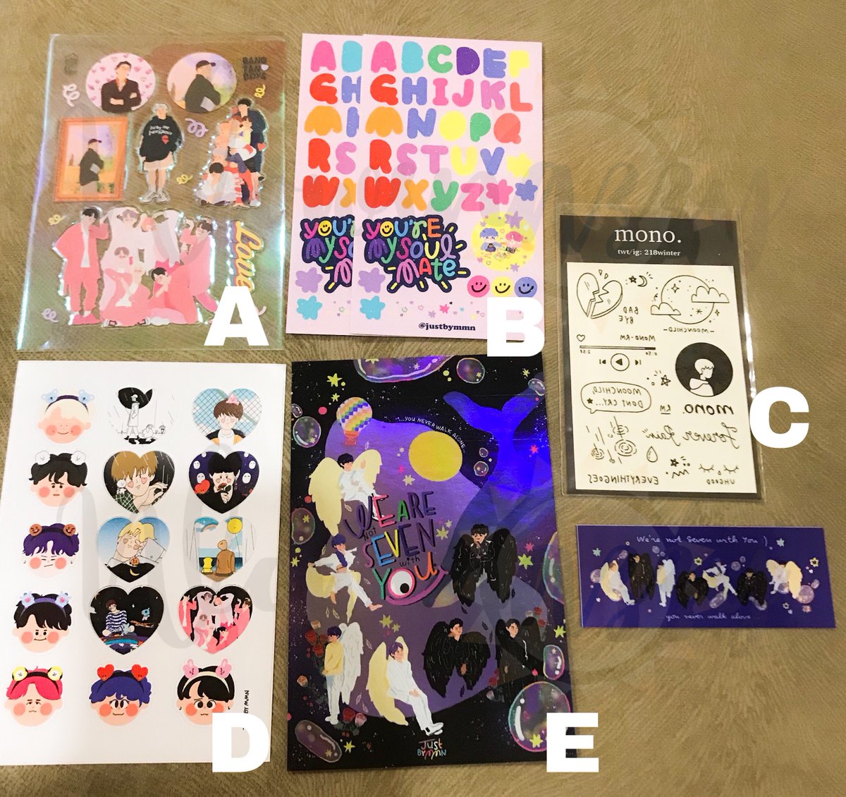 BTS FANART GOODS ₊˚⊹♡

💰IDR 35K~60K
🔗Link oren: shp.ee/ayvqd3c
📦bwl stickers / soulmate vmin alphabet deco stickers / mono temporary tattoos / hologram postcard

#readystock_wowsnazzy