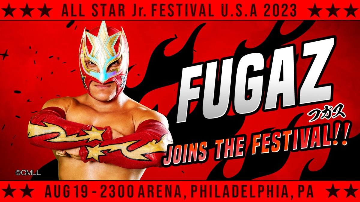 ASJF2023's tweet photo. LEC Presents All Star Jr. Festival U.S.A. 2023
August 19
2300 Arena Philadelphia

PPV LIVE on@njpwworld https://t.co/XbxzQb9vvZ

Current announced wrestlers
25 RYUSUKE TAGUCHI @taguchiryusuke
26 THE DKC @Dylankylecox
27 FUGAZ @FugazCMLL
28 FRANCESCO AKIRA @francescoakira

#ASJF2023 #njpwworld