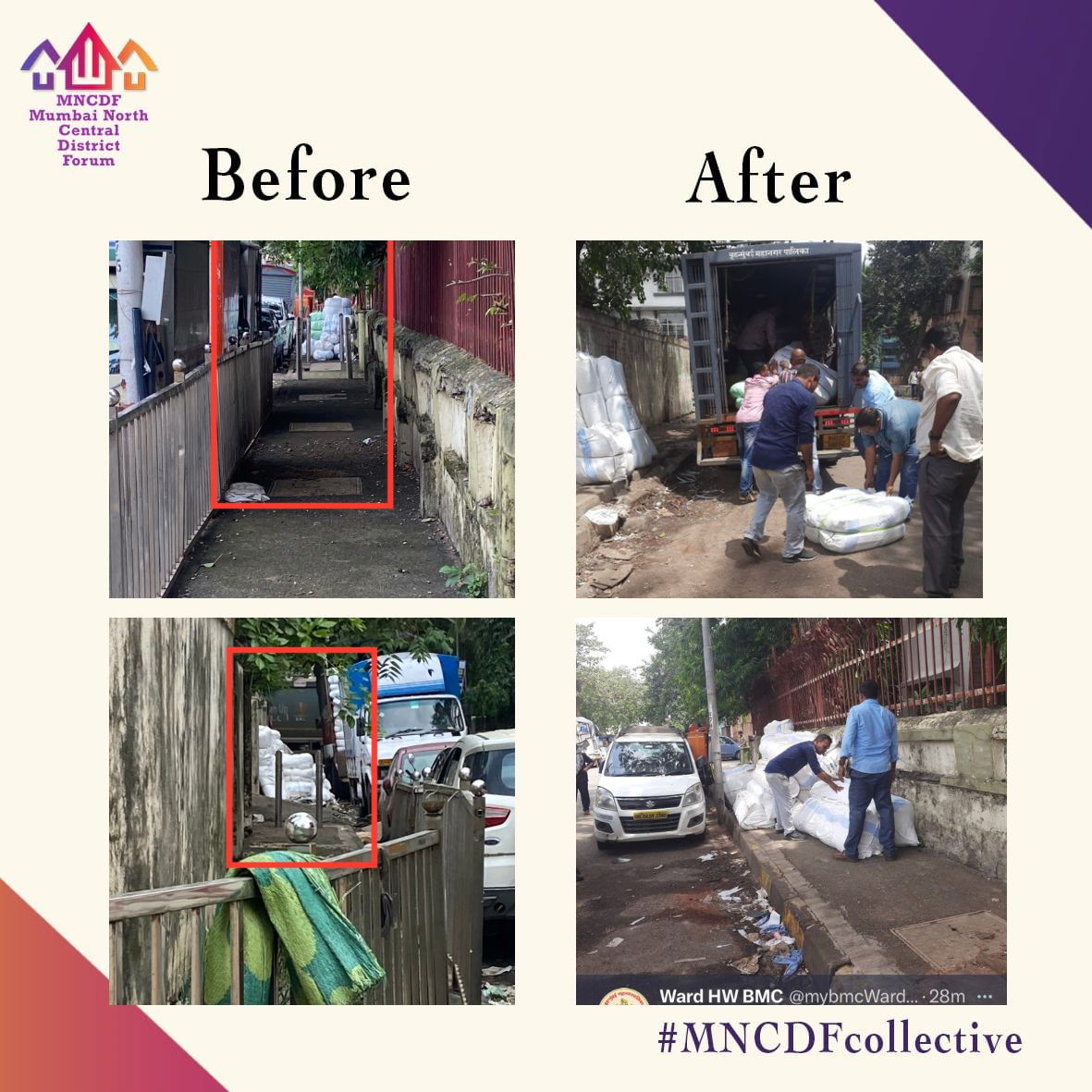 MNCDFbombay's tweet photo. ILLEGAL encroachment on footpath being used by trucks to load/unload at TPS6, Road No5, Santacruz West, was raised by #MNCDFcollective member @savetps6 & subsequently after much follow up @mybmcWardHW has initiated action. We welcome the efforts of our team towards #FreeOurFootpaths , #CitizenWelfare & #CommunityGovernence !