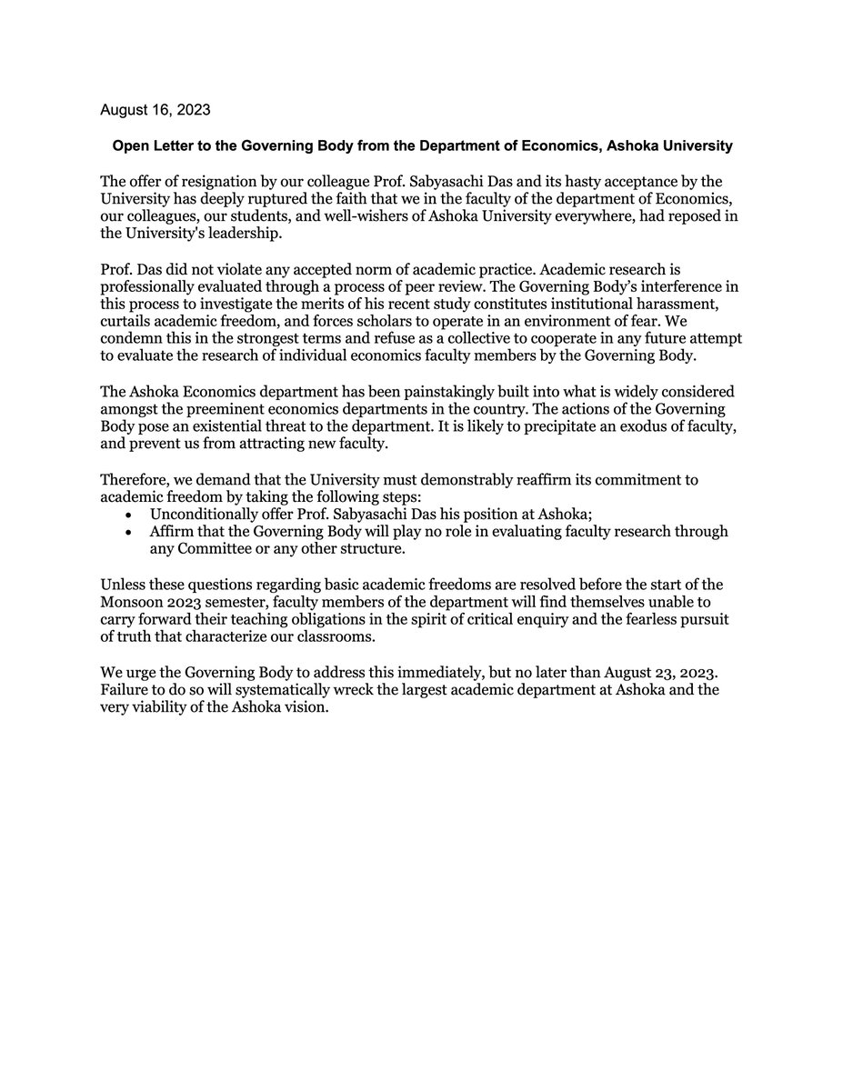 Open letter to the governing body of Ashoka University from the economics department