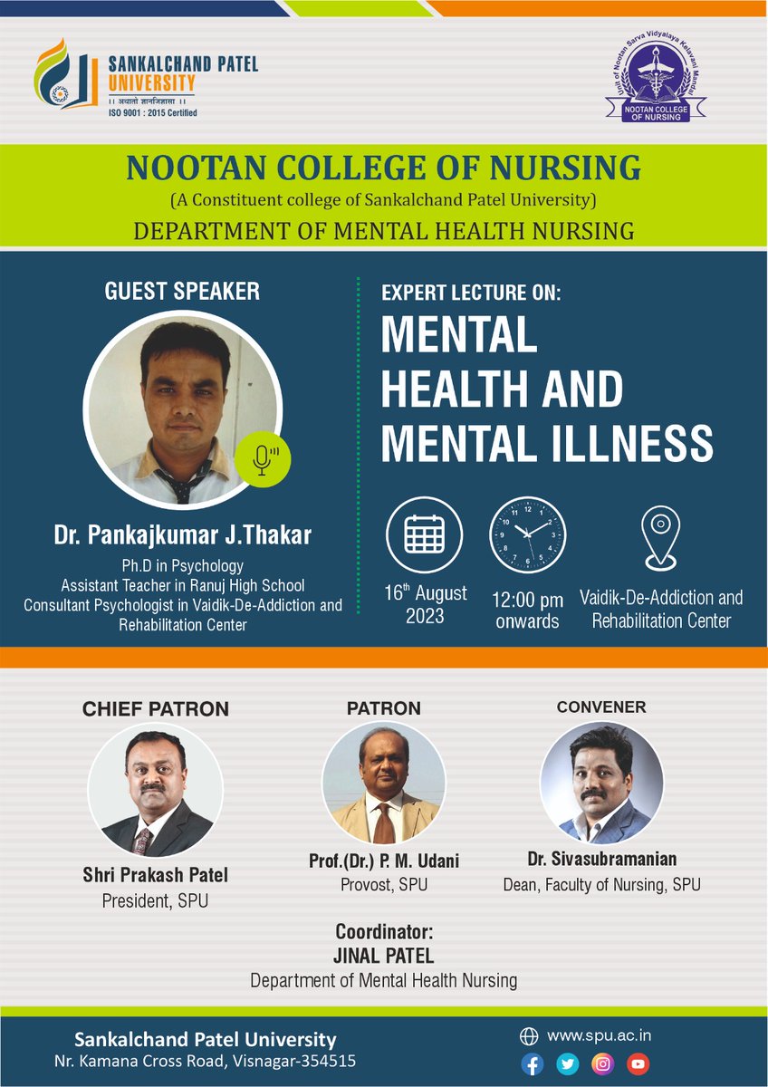 spuvsn's tweet photo. We are organizing guest lecture on mental health and mental illnesses through Dr.Pankajkumar J. Thakar at Vedic de addiction and rehabilitation centre dharpur.
#nursing #spuniversity #mentalhealth #MentalHealthAwareness https://t.co/BCMKJgYUwt