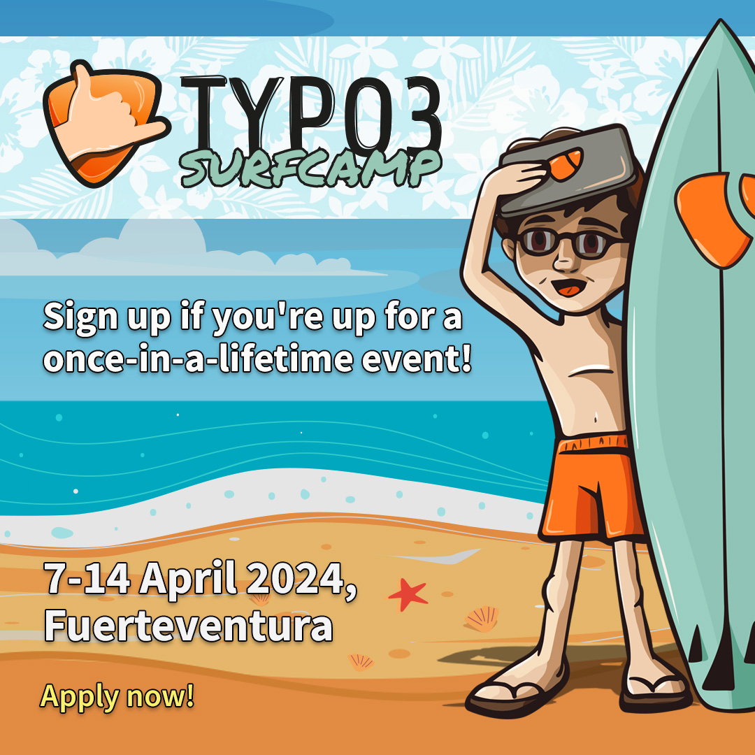 Calling young TYPO3 enthusiasts! 🚀 

Unleash your coding potential at the debut #TYPO3 Surfcamp in Fuerteventura. A fusion of tech and waves like never before. Don't miss out - apply now for an epic adventure! 🌊

 🏄‍♂️  👉 hubs.li/Q01_1XJj0

#TYPO3Surfcamp #SurfAndCode