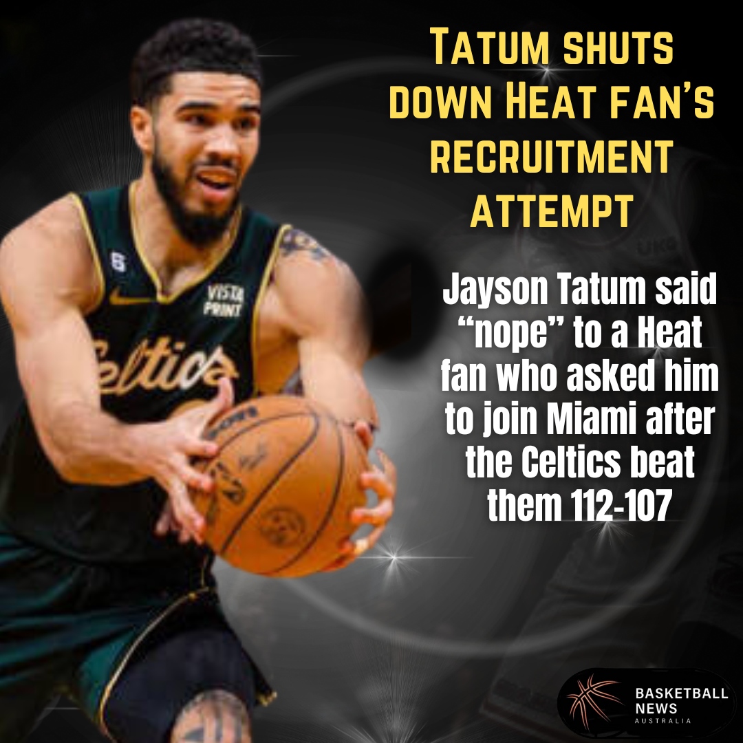 AusBballnews's tweet image. Did you see how Tatum shut down that Heat fan? 😂 He said “nope” and walked away like a boss. He’s not going anywhere. He’s having an MVP season and leading the Celtics to the playoffs. He’s the best player in the East, don’t @ me.

#TatumTime #CelticsNation #NBA #Astralia