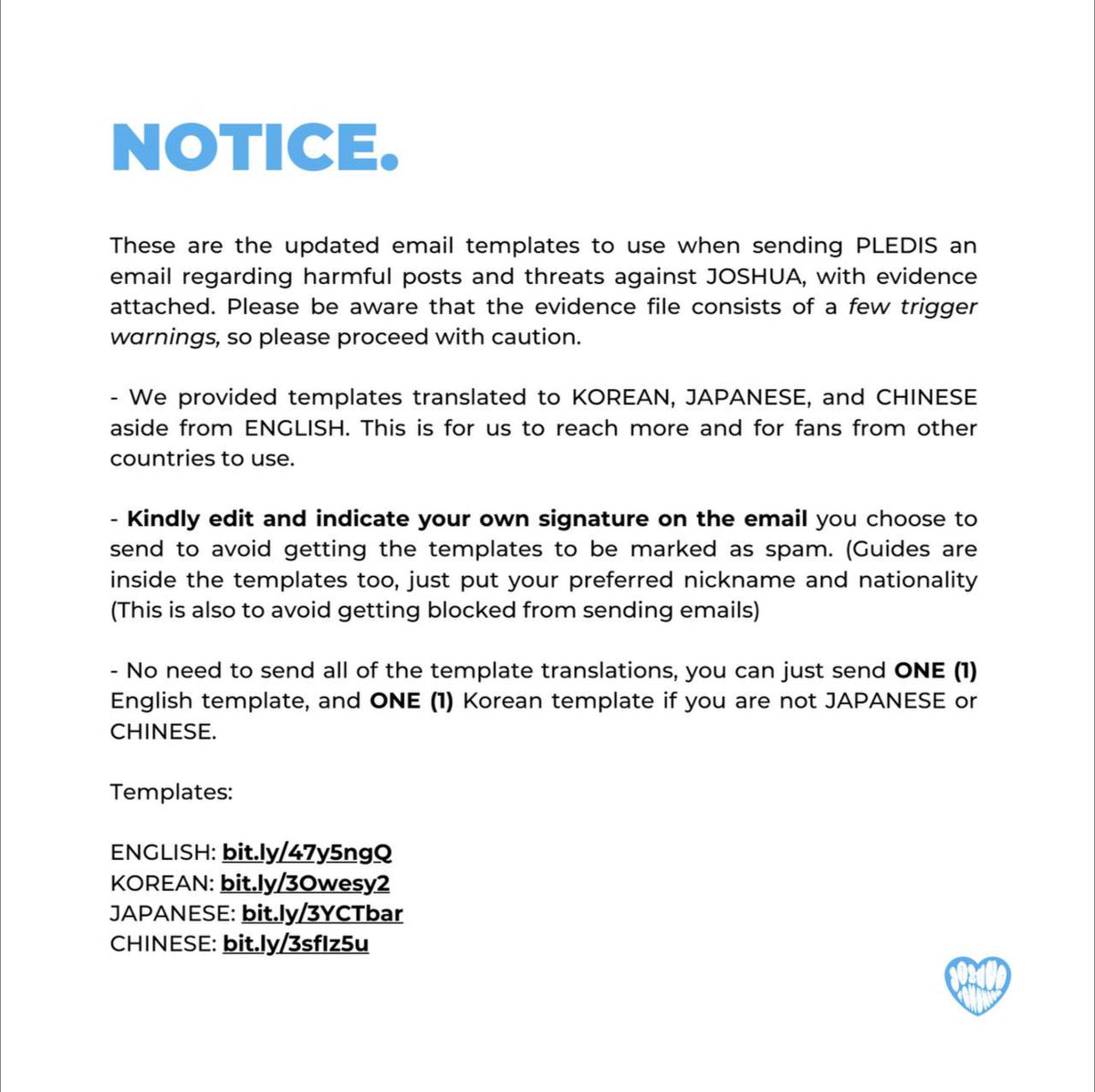 HJS_GLOBAL's tweet photo. [NOTICE]

This is the updated email template to mass send to PLEDIS regarding the protests, malicious comments following the defamatory rumors against JS with EVIDENCES.

Templates: 🔗 https://t.co/jl3Yrfqi7E

Read the guide below &amp; email protect@pledis.co.kr
support@weverse.io https://t.co/H4vrtd8bZ3