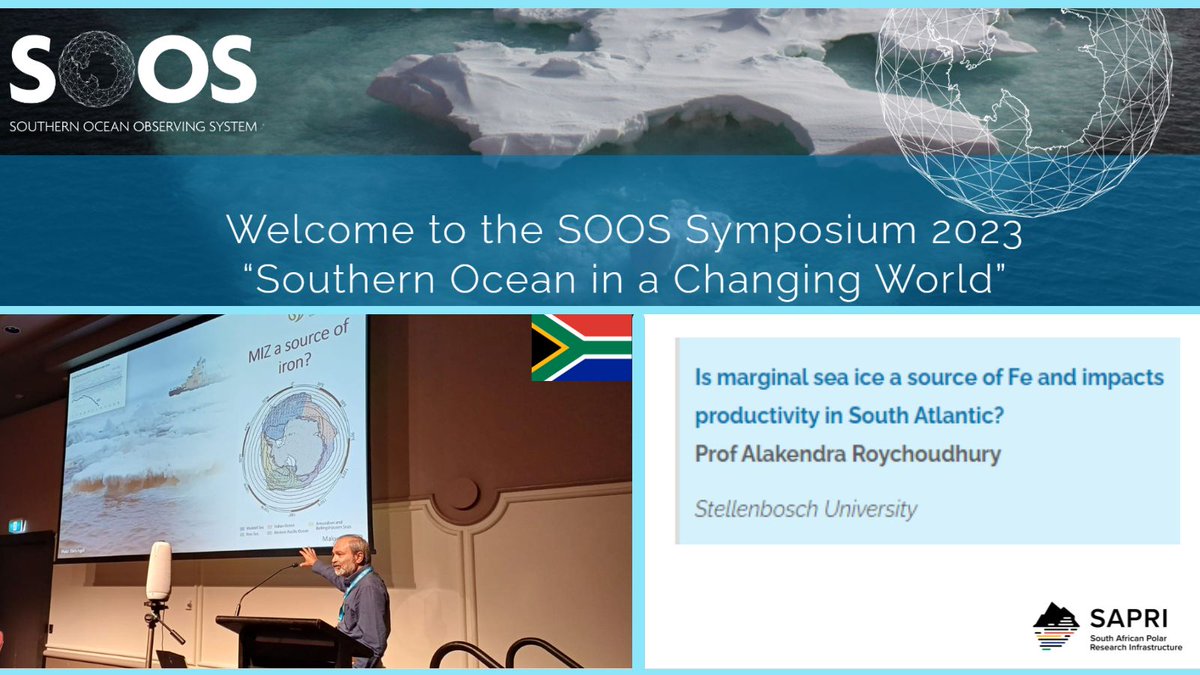 <a href="/Saeonews/">SAEON</a> <a href="/NRF_News/">National Research Foundation of South Africa</a> <a href="/scienceSUN/">Faculty of Science</a> <a href="/MarcelloVichi/">Marcello Vichi</a> @mdduplessis <a href="/annemtreasure/">annetreasure</a> <a href="/CSIR/">CSIR 🇿🇦</a> <a href="/SOOSocean/">SOOS</a> <a href="/SandyThomalla/">Sandy Thomalla</a> <a href="/SMCRI_ZA/">SMCRI🇿🇦</a> <a href="/tommy_bornman/">Tommy Bornman</a> <a href="/coughlanclare/">Clare Eayrs</a> <a href="/ESeyboth/">Elisa Seyboth</a> South African delegates at the #SOOSSymposium2023

Southern Ocean/marginal ice zone trace metal research conducted through Stellenbosch University, Department of Earth Sciences. 
🔘Prof Alakendra Roychoudhury
🔘Dr Saumik Samanta
.
.
<a href="/GeotracesSA/">Alakendra Roychoudhury</a> #MIZ #SAAgulhasII #SANAP #FE