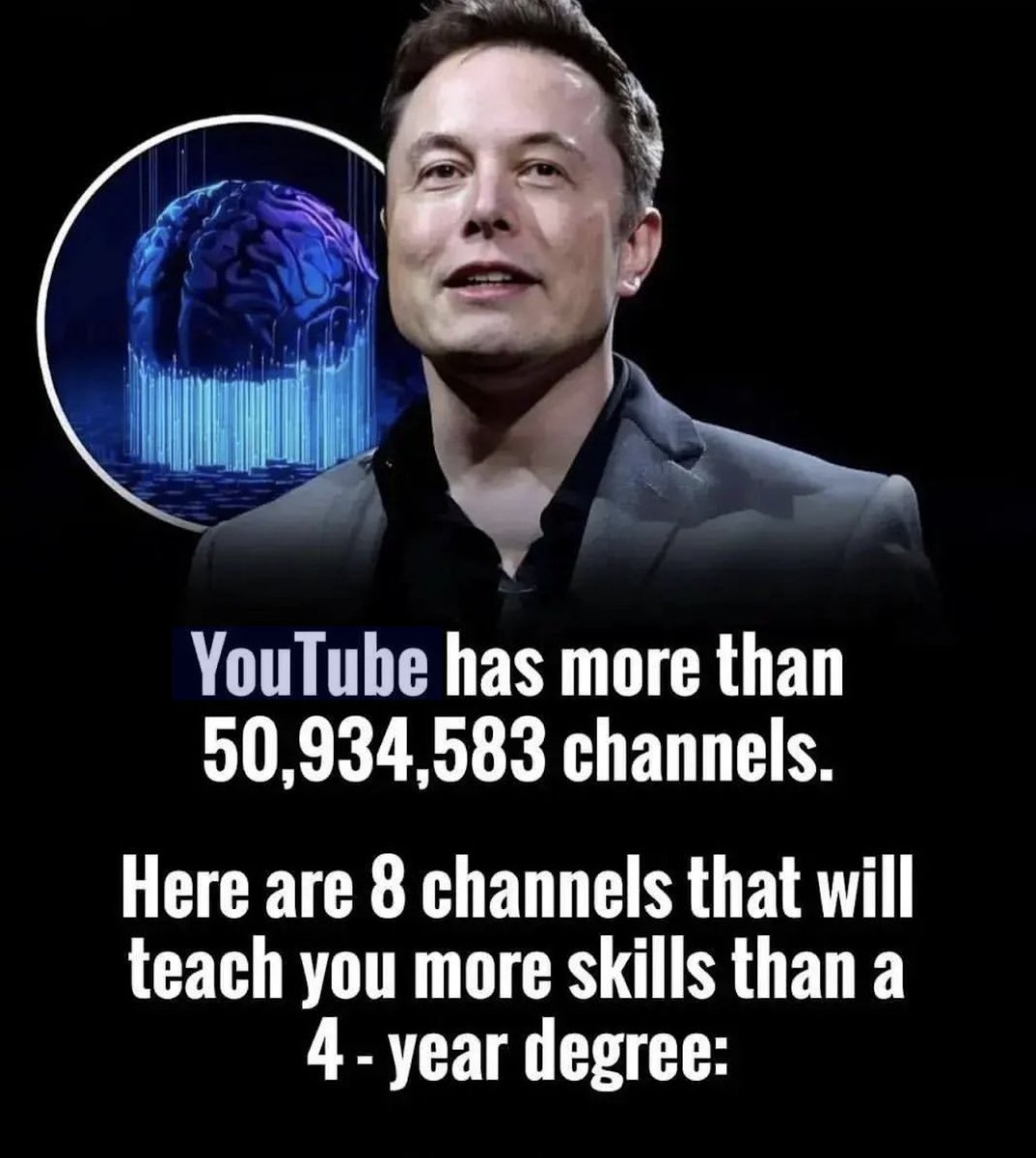 MindMatterMoney's tweet photo. YouTube has more than 50,934,583 channels.

Here 8 channels that will teach you more skills than a 4-year degree: https://t.co/aBRAHQubBl
