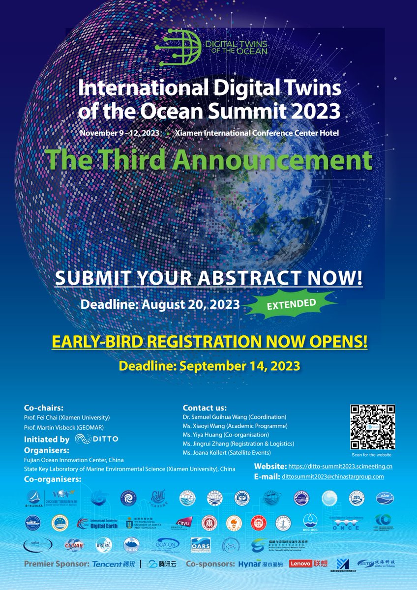 Abstract submission for the #dittosummit2023 closes on Sunday! Submit today at shorturl.at/itPS3 to have your idea presented and exchanged with the international community of Digital Twins of the Ocean. Looking forward to seeing you in Xiamen this fall🙂