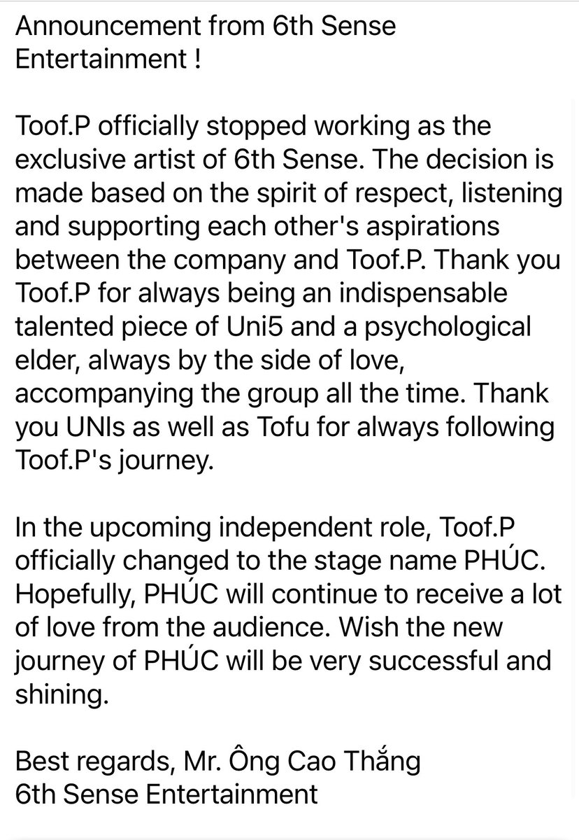 VPop_Tweets's tweet photo. Toof.P @toofp6se (UNI5) leaves 6th Sense Ent (@6SEVN)!
In his upcoming solo activities, he will change his stage name to PHÚC. Hope you guys will support him in his journey ahead!!!
This is the latest announcement from the company.
#6thSenseEnt
#ToofP #PHÚC
#UNI5 https://t.co/2VguYItd4r