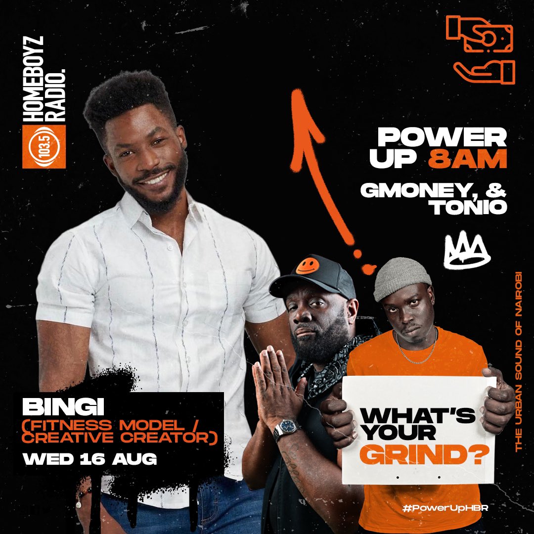 HomeboyzRadio's tweet photo. Another morning of getting to know more about your grind and hustle. This morning we have Bingi who is a fitness model and creative creator. #PowerUpHBR @GMONEYizME @Tonio_kibz https://t.co/OBcswWMHAO