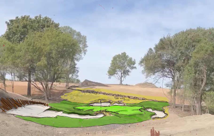 AtkinsonGolf's tweet photo. @GolfsoupJones @ShangriLaOKGolf Did you enjoy the battlefield?  I hope so.  He is the concept sketch for the 13th https://t.co/ZqAe3EiY2U