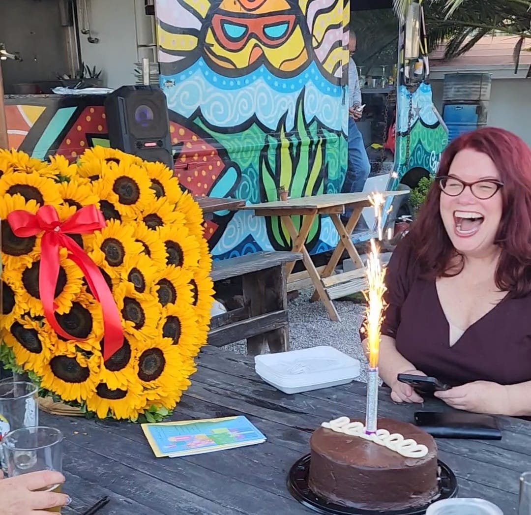 Friends had a surprise birthday party for me last week. This photo sums up the evening!