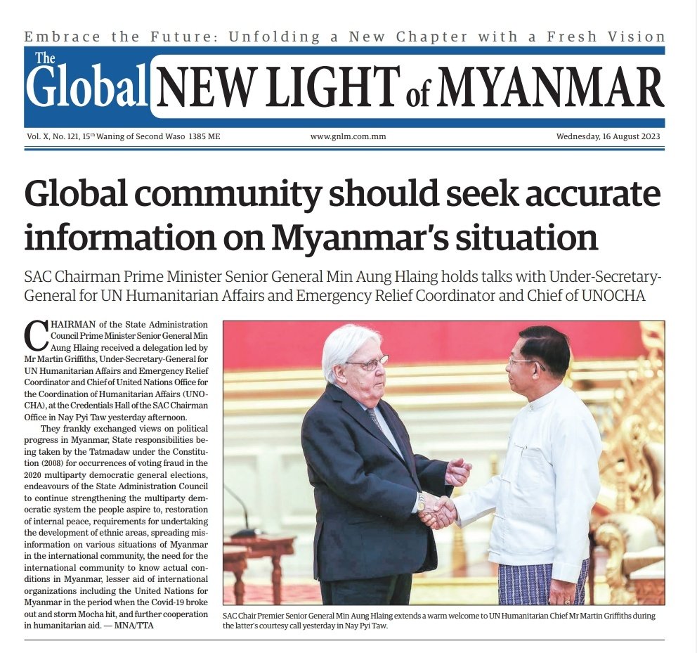 myanmarjunta's tweet photo. I told @UNReliefChief to try some homemade roti prata with ginger tea before he goes back. I knew he will be angry when he's aware today state newspaper's headline. But no choice, I still need my supporters and troops to be happy dying for me.  #WhatsHappeningInMyanmar https://t.co/epkOyZ9ZPl