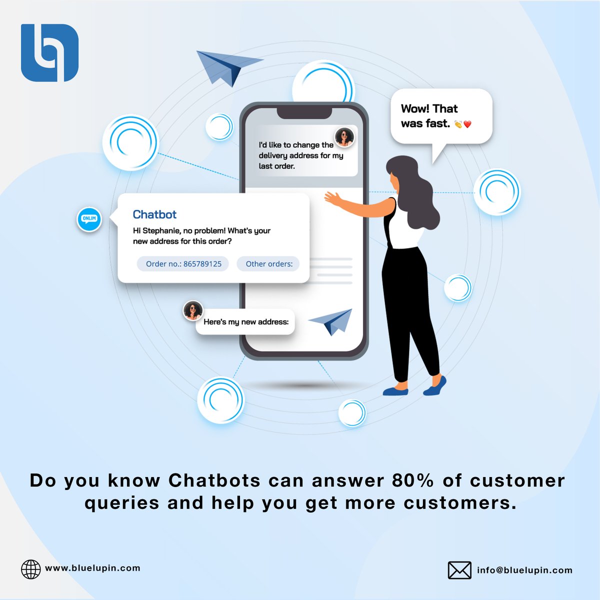 Your business also needs a chatbot, Connect with the Bluelupin Team to get your customized chatbot developed.

#bluelupin #Chatbot #servies #serviceoffered #customizedservices