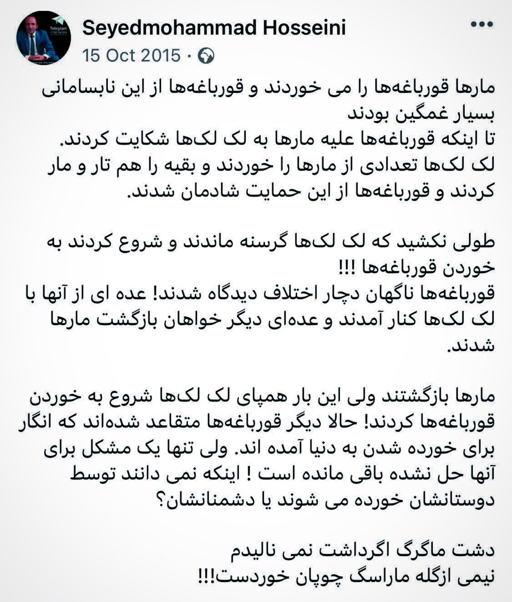 realLili7777's tweet photo. دشت ما  گرگ اگر داشت نمی نالیدیم
نیمی از گله ما را سگ چوپان خورده!
#شاهزاده_سید_محمد_حسینی https://t.co/uPvDd6LLmv