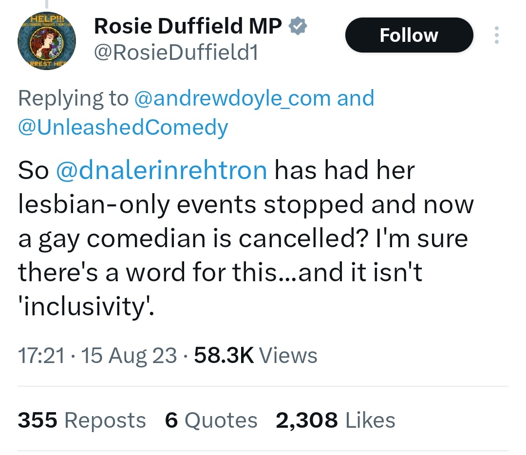 Aidan Comerford (@aidanctweets) on Twitter photo Hi <a href="/RosieDuffield1/">Rosie Duffield MP</a>,
Leith Arches cancelled Andrew Doyle's standup bill after being made aware his secret guest performer was Graham Linehan. This was clear in their statement, so why are you, a sitting <a href="/UKLabour/">The Labour Party</a> MP, implying it had something to do with Andrew Doyle's sexuality? Hi <a href="/RosieDuffield1/">Rosie Duffield MP</a>,
Leith Arches cancelled Andrew Doyle's standup bill after being made aware his secret guest performer was Graham Linehan. This was clear in their statement, so why are you, a sitting <a href="/UKLabour/">The Labour Party</a> MP, implying it had something to do with Andrew Doyle's sexuality?